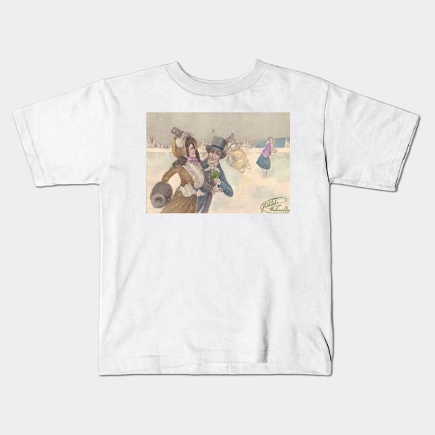 Vintage Victorian Ice Skating Kids T-Shirt by RetroSalt